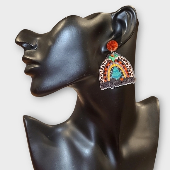 Leopard Print Plaid Merry Christmas Rainbow Dangle Fashion Earrings - Picture 10 of 10